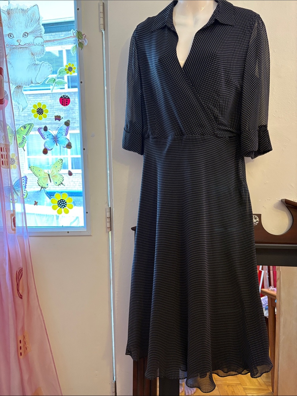 Talbots Black and White Polka Dot Midi Dress with Shirt Collar